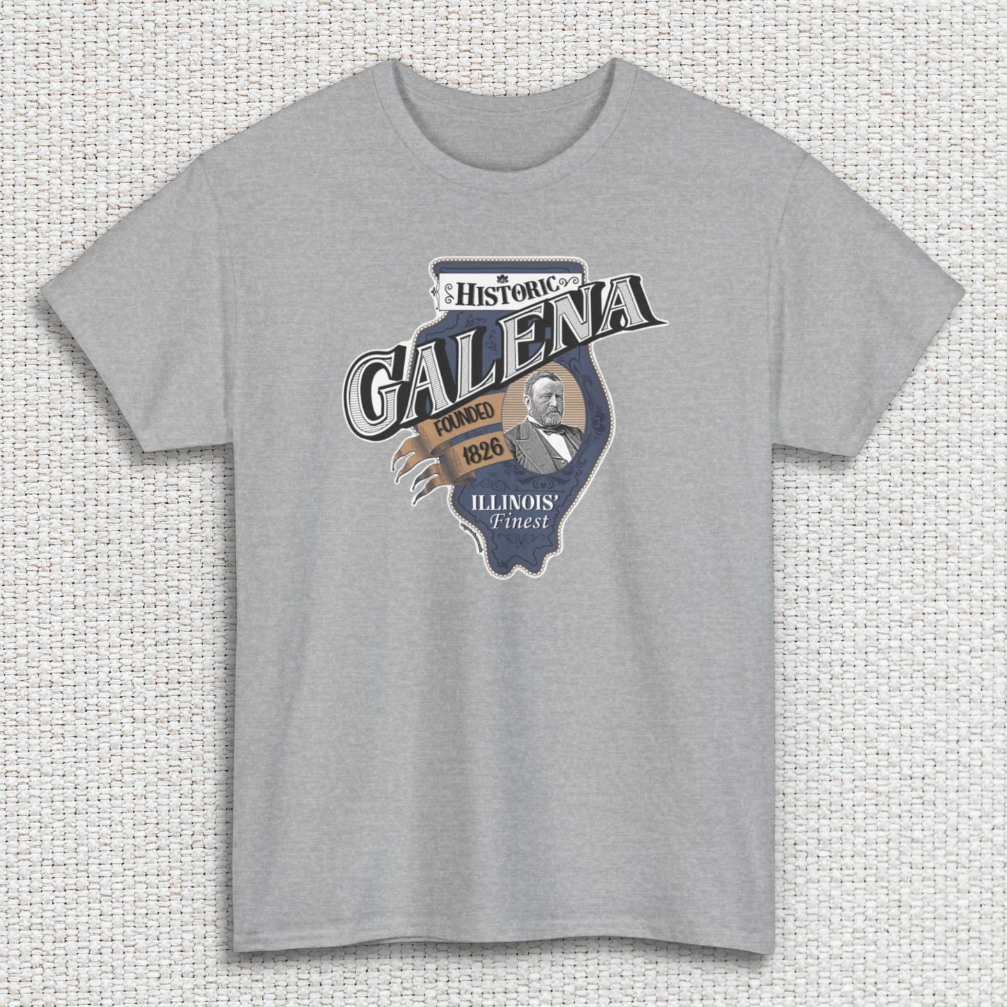 galena illinois shirt, front, sport grey color, textured fabric background