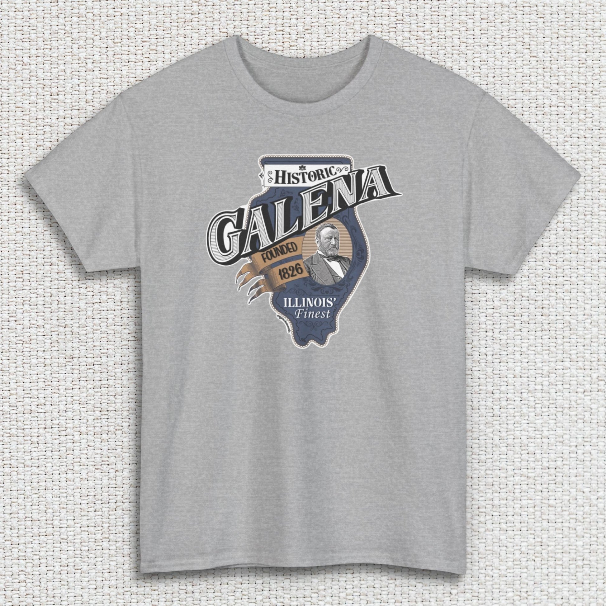 galena illinois shirt, front, sport grey color, textured fabric background
