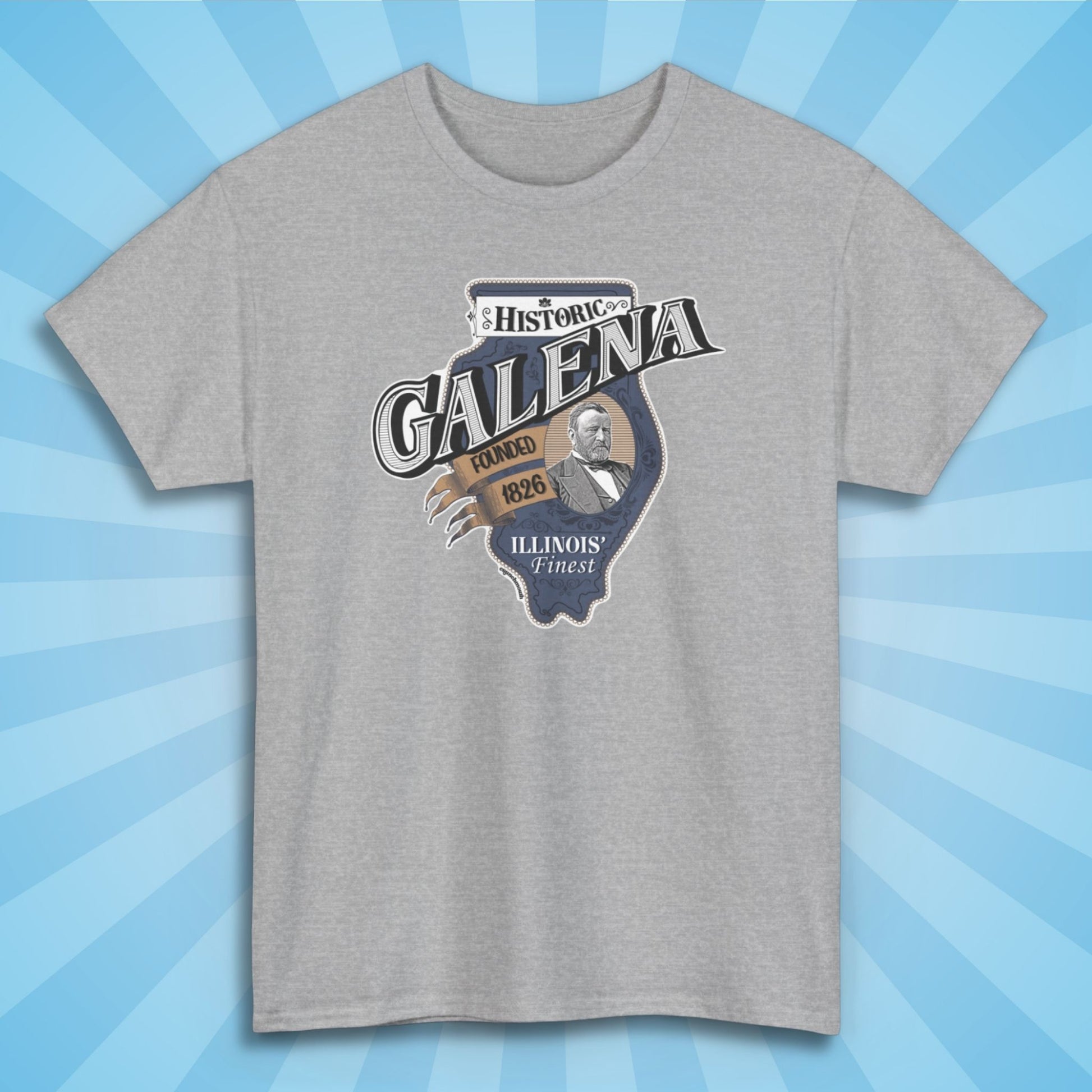 galena illinois shirt, front, sport grey color, sun rays design background