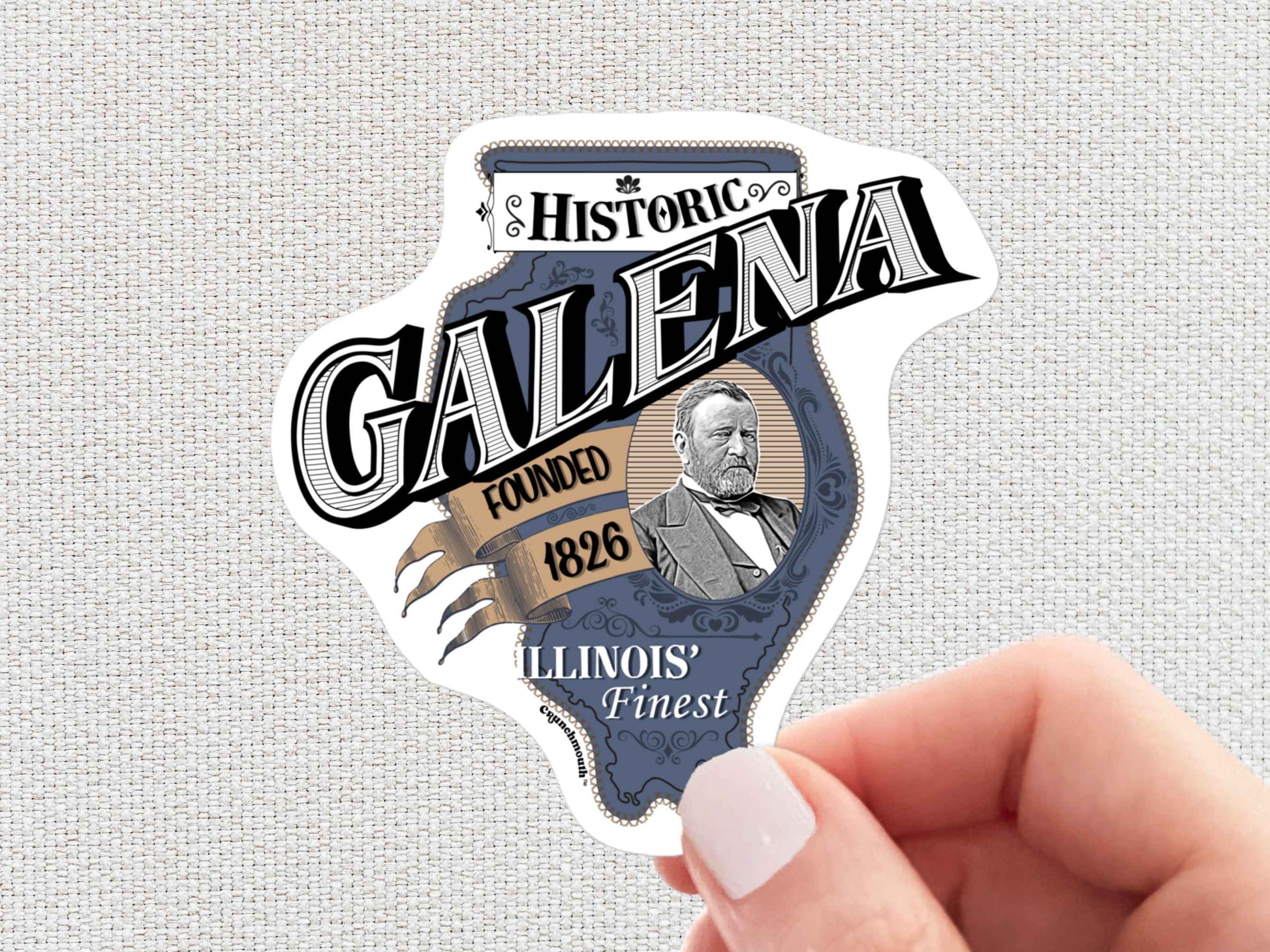 galena sticker, travel luggage stickers, ulysses s grant, hand display, white textured background