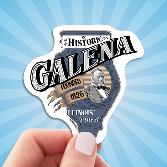 galena illinois travel luggage sticker, hand display, sun rays design background