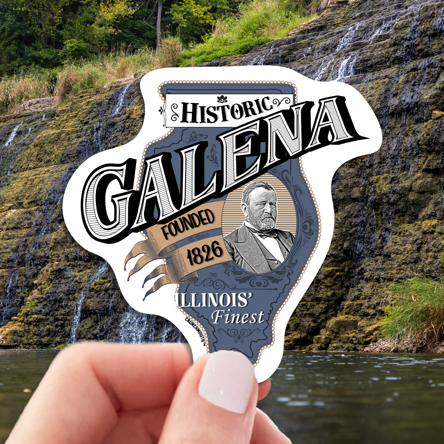 galena illinois travel luggage sticker, hand display, thunder bay falls waterfall background