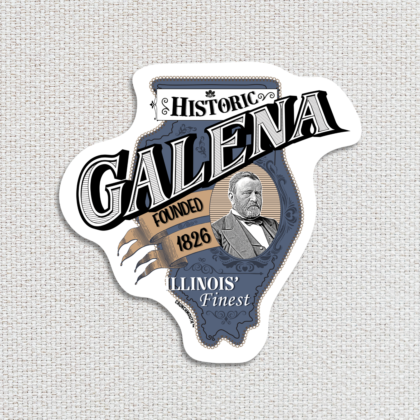 galena illinois travel luggage sticker, hand display, textured fabric background