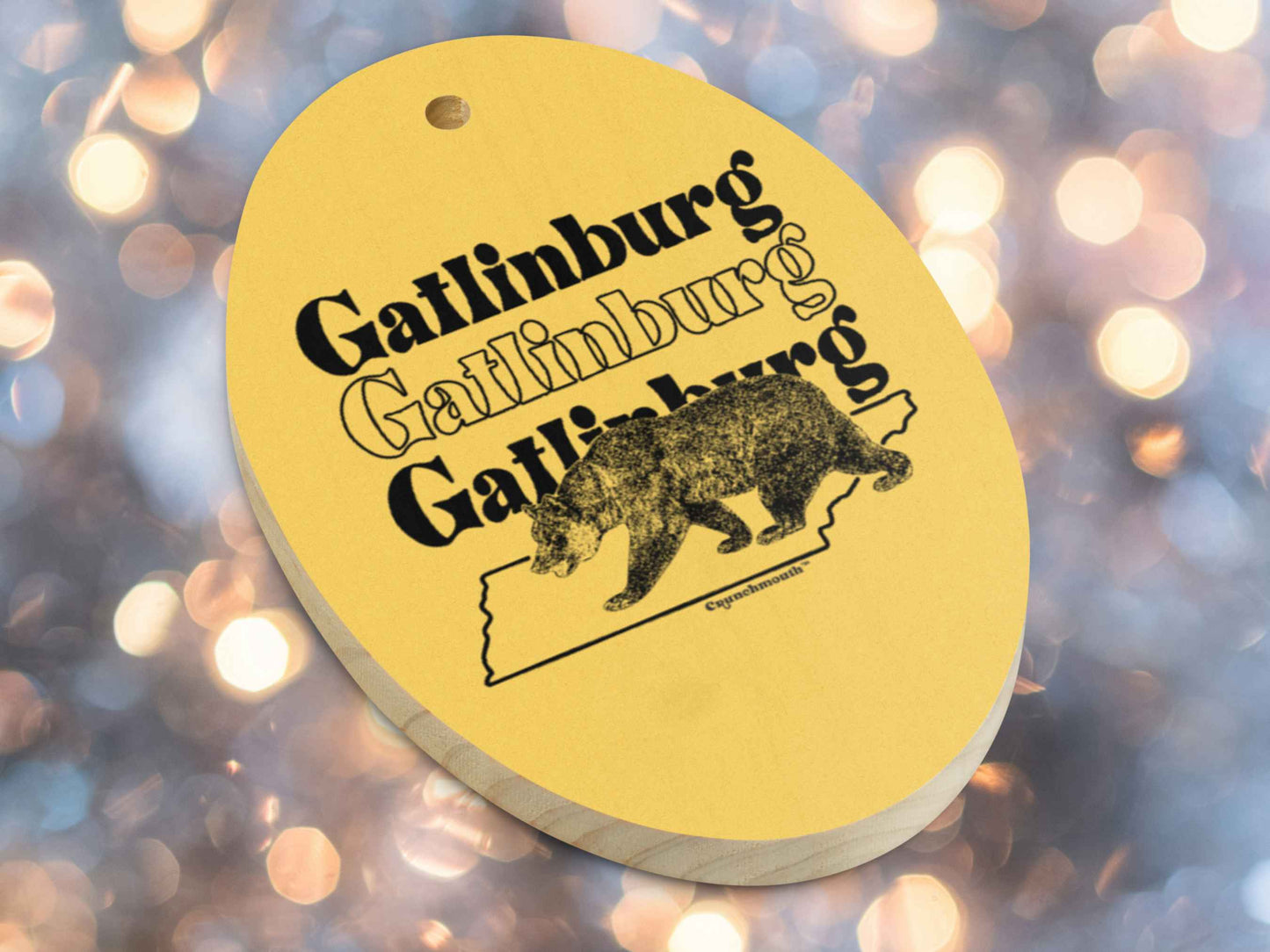 gatlinburg ornament, retro Christmas ornaments, front bottom side, Christmas lights background