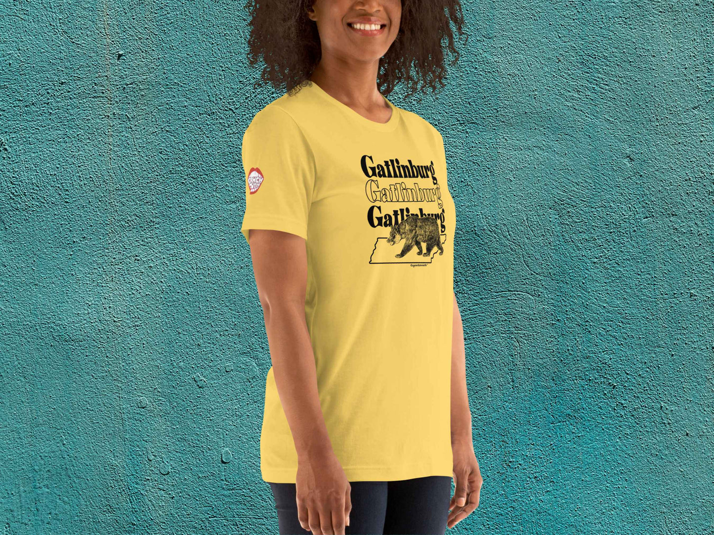 gatlinburg shirt, souvenir t shirts, female model, front right, teal textured background