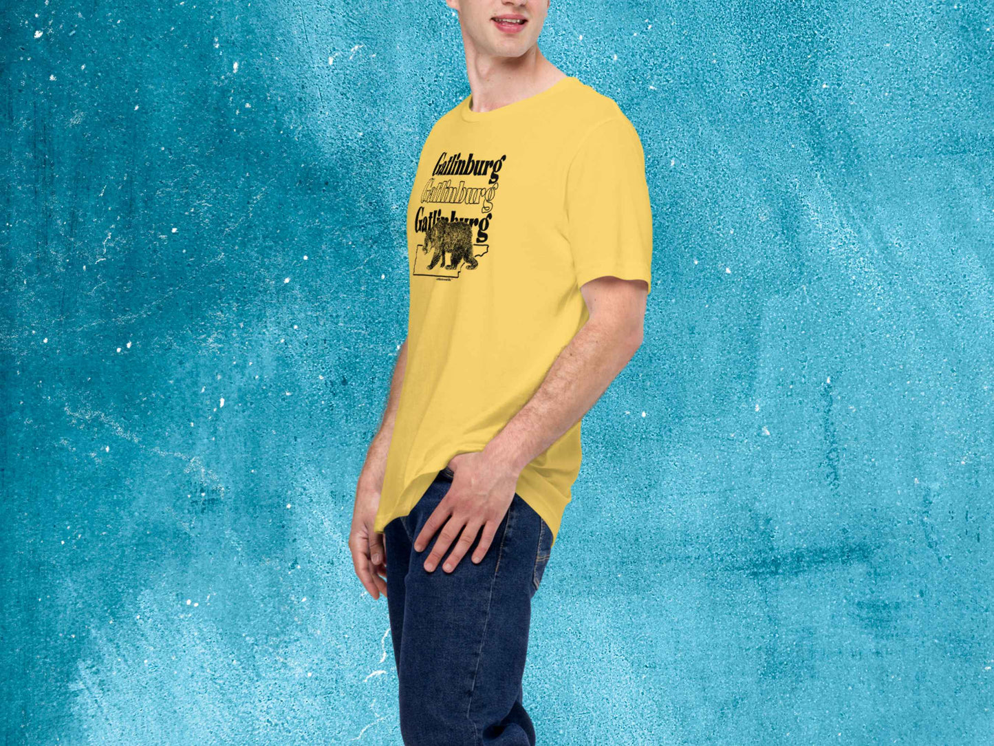 gatlinburg shirt, souvenir t shirts, male model, front left, blue textured background