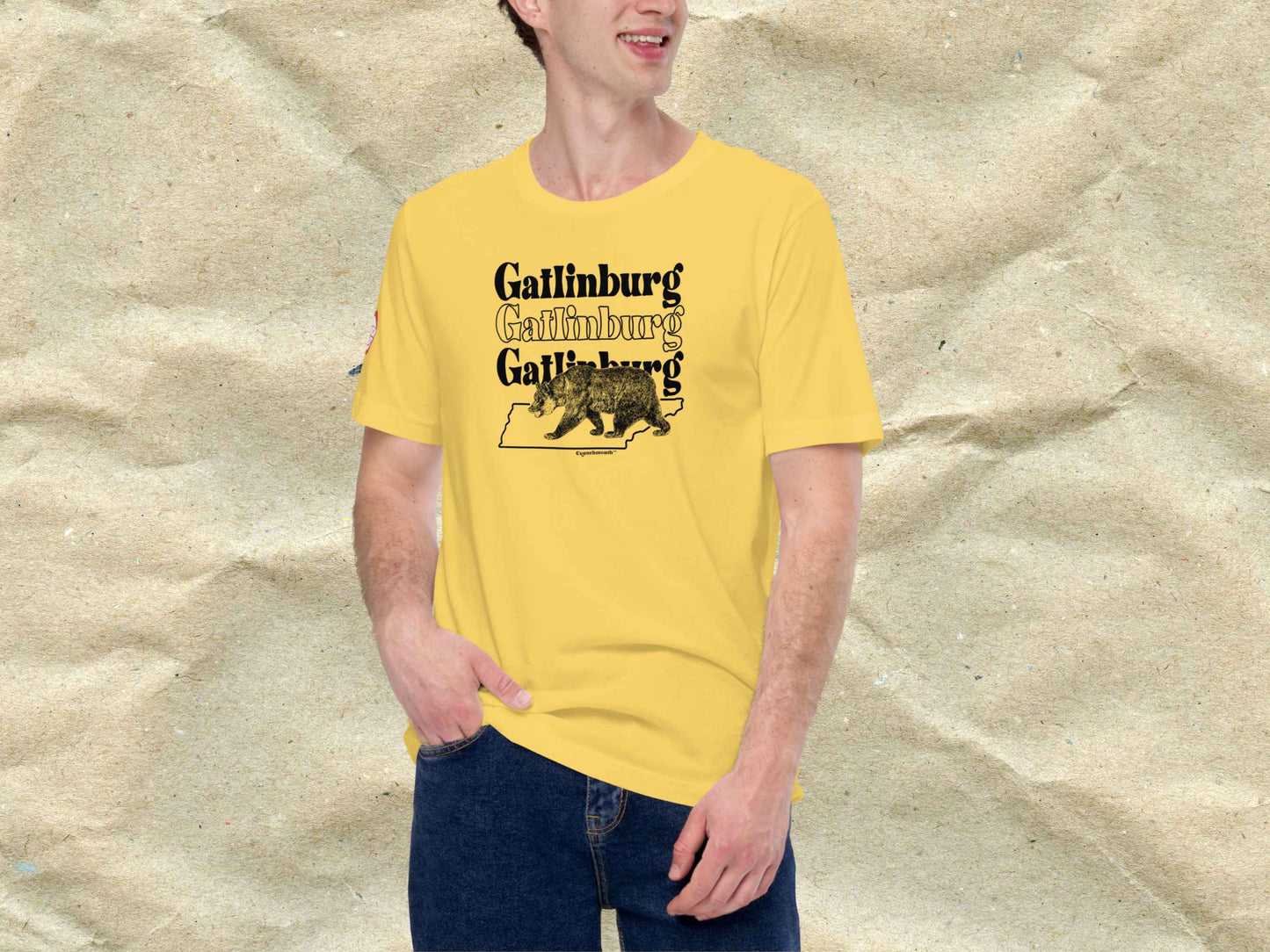 gatlinburg shirt, souvenir t shirts, male model, front, brown textured background