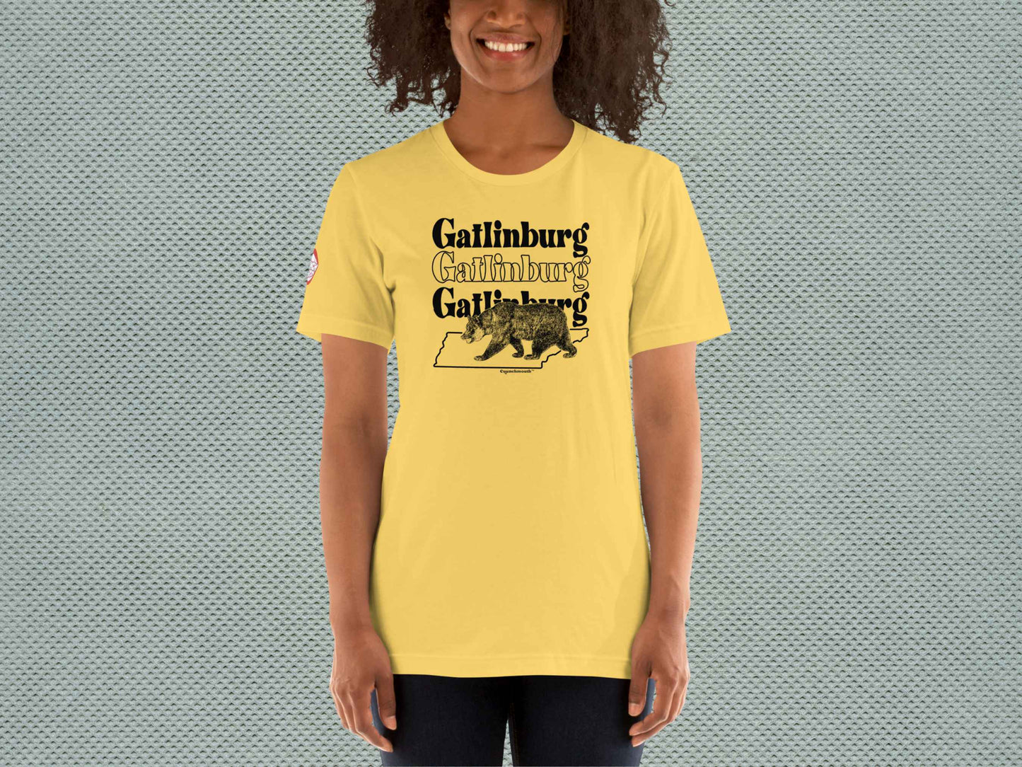 gatlinburg shirt, souvenir t shirts, female model, front, green gray textured background