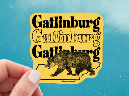 gatlinburg sticker, travel luggage stickers, hand display, blue sky background