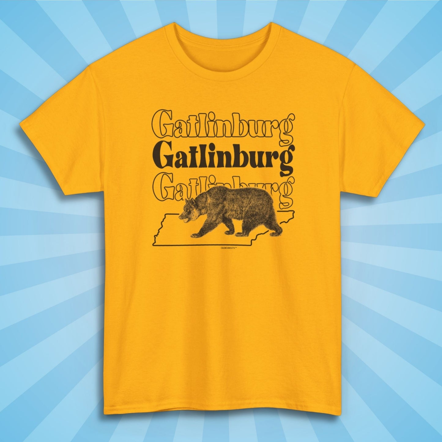 gatlinburg shirt, front, gold color, sun rays design background