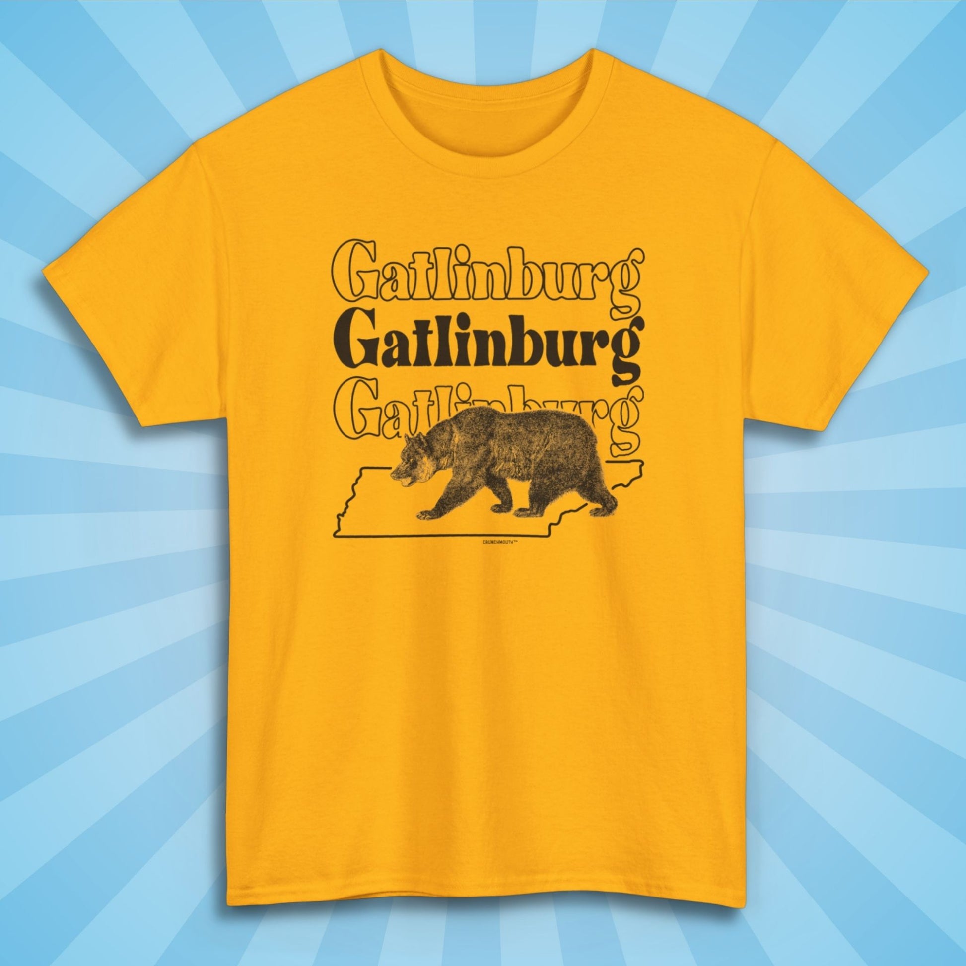gatlinburg shirt, front, gold color, sun rays design background