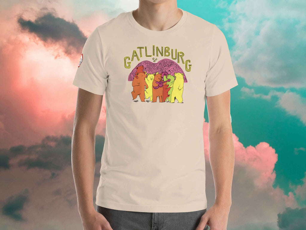gatlinburg tn shirts, retro t shirts, front, male model, cloud sky background