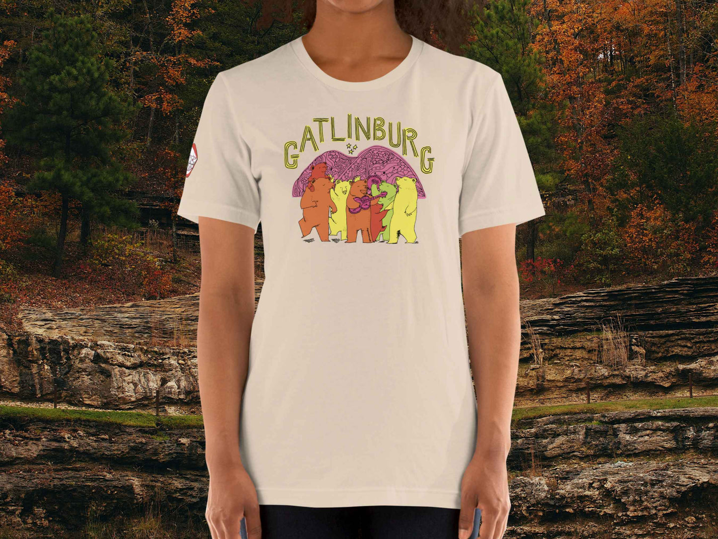 gatlinburg tn shirts, retro vintage t shirts, front view, female model, mountain stream background