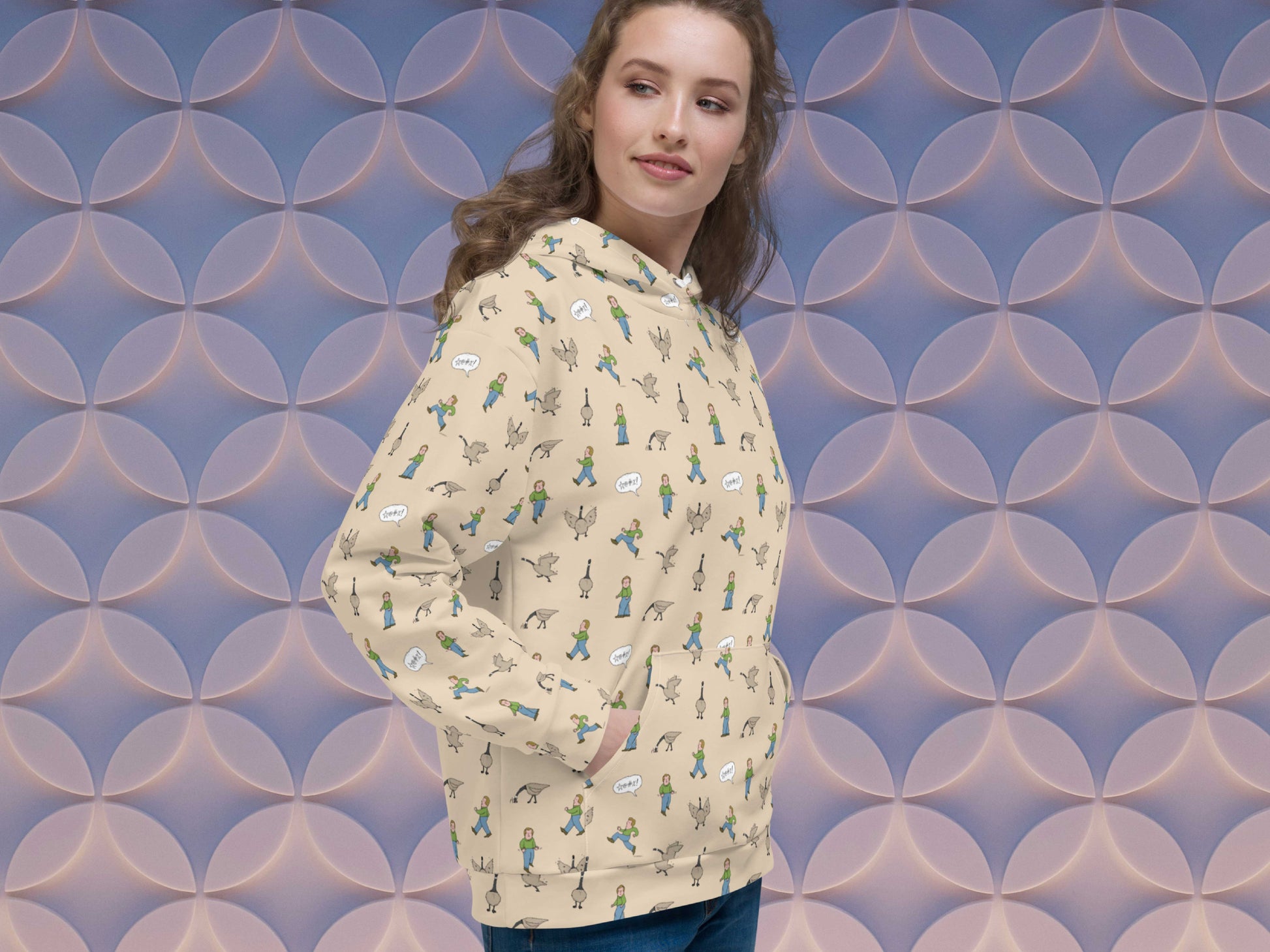 silly goose allover print hoodie, front right, female, geometric pattern background