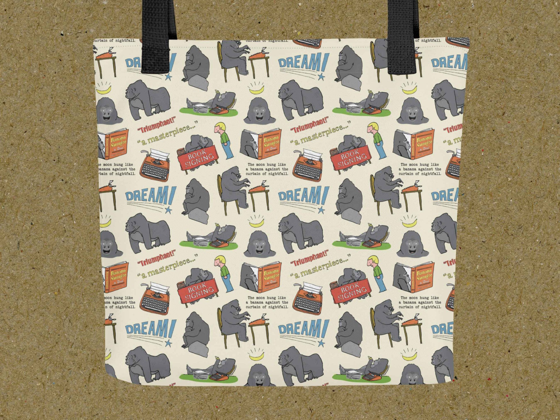 funny gorilla tote bag, flat, brown texture background