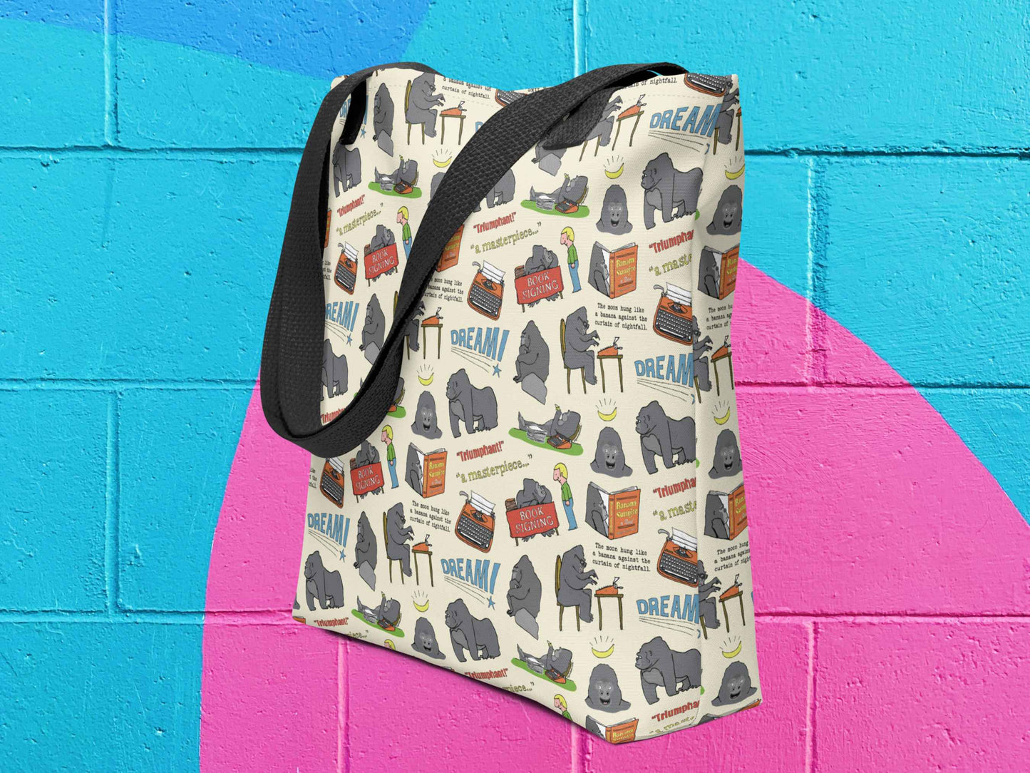 funny gorilla tote bag, front side angle, vibrant colorful cinder block wall background