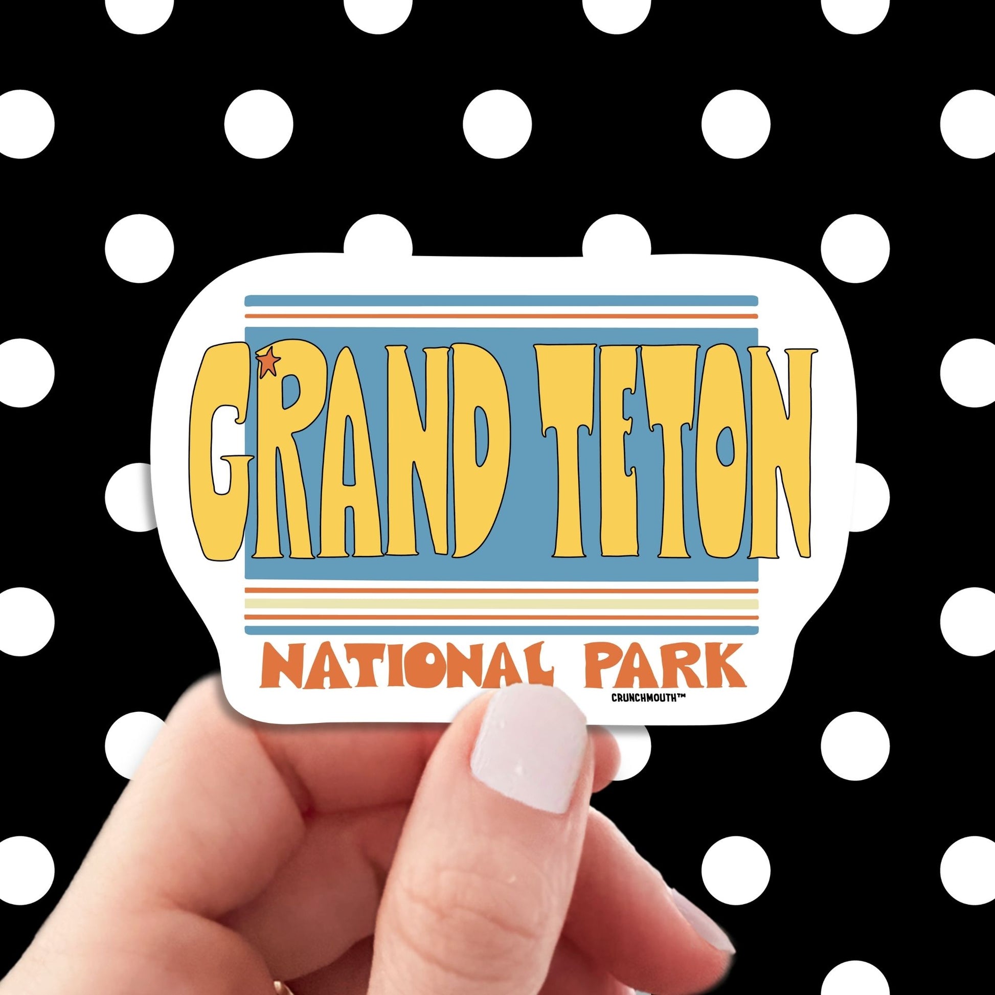 grand teton national park travel luggage sticker, hand display, polka dots pattern design background
