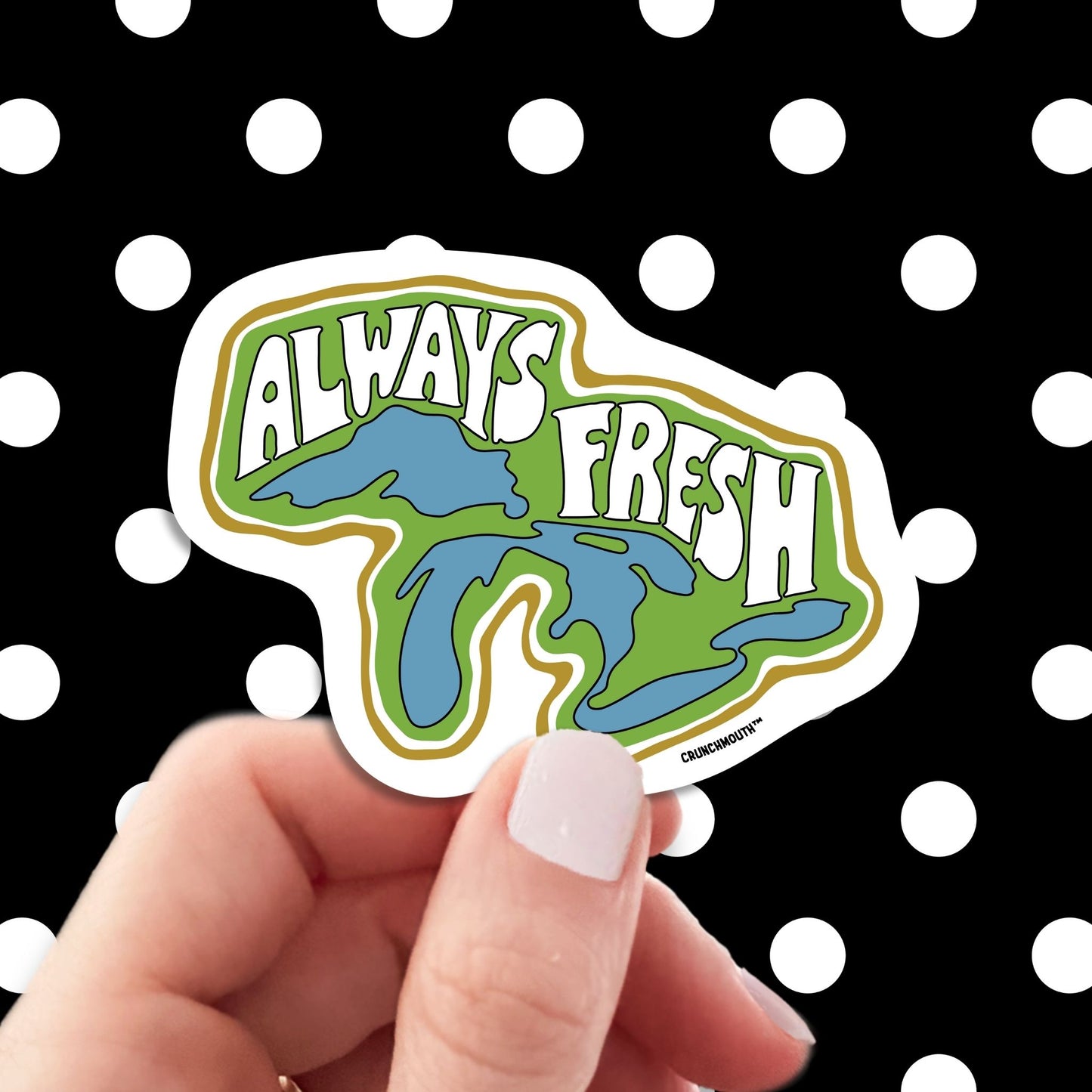 great lakes always fresh travel luggage sticker, hand display, polka dots pattern design background
