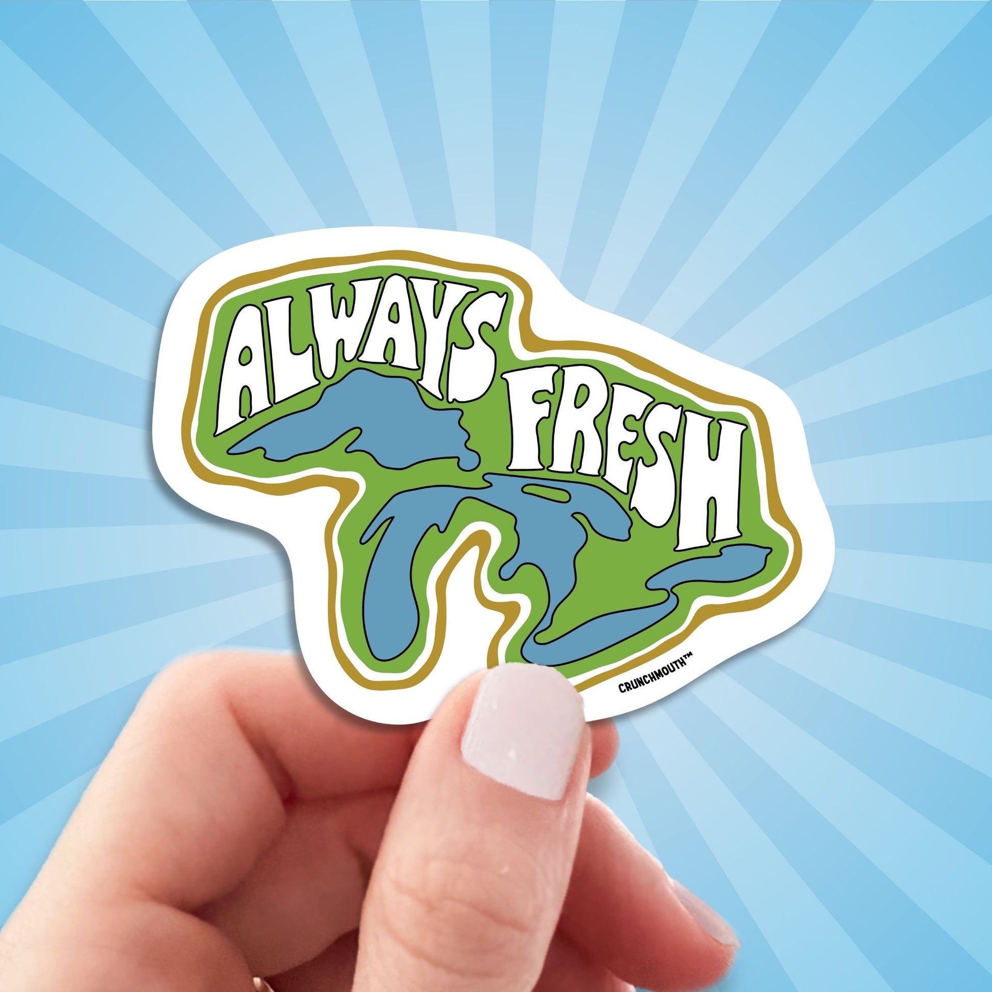 great lakes always fresh travel luggage sticker, hand display, sun rays design background
