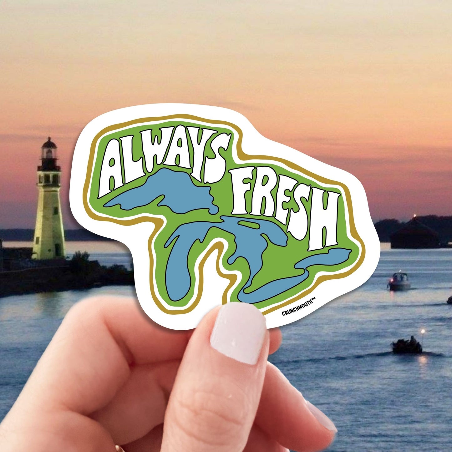 great lakes always fresh travel luggage sticker, hand display, great lakes background
