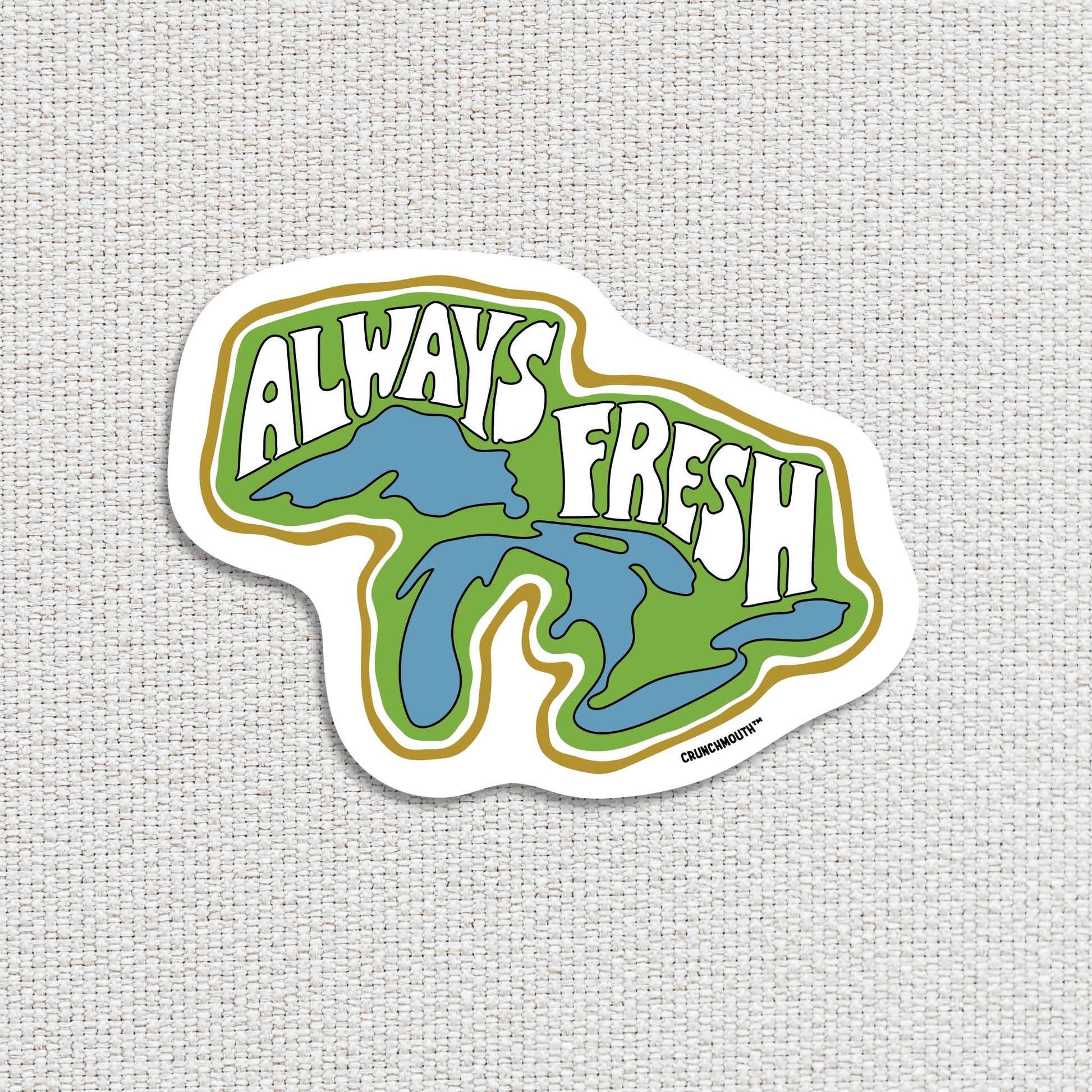 great lakes always fresh travel luggage sticker, textured fabric background
