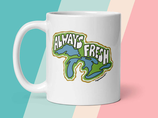 great lakes mug, retro coffee mugs, 11 oz, handle on left, pastel stripe background