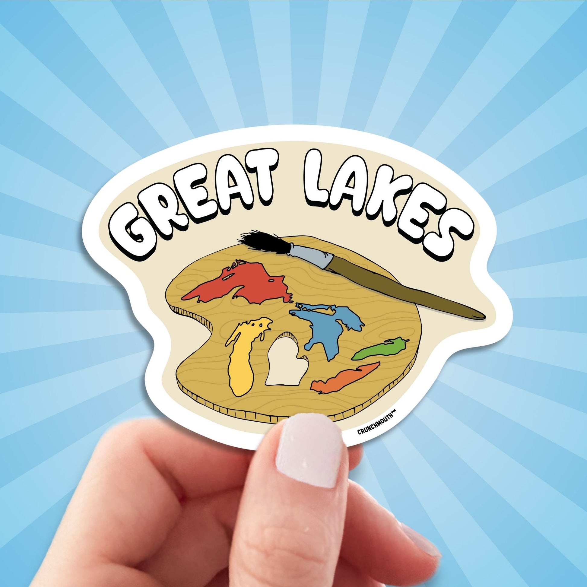 great lakes travel luggage sticker, hand display, sun rays design background