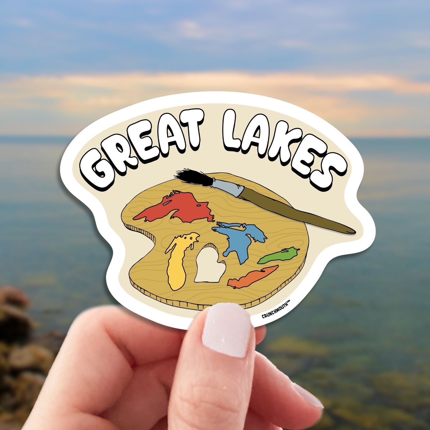 great lakes travel luggage sticker, hand display, lake erie background