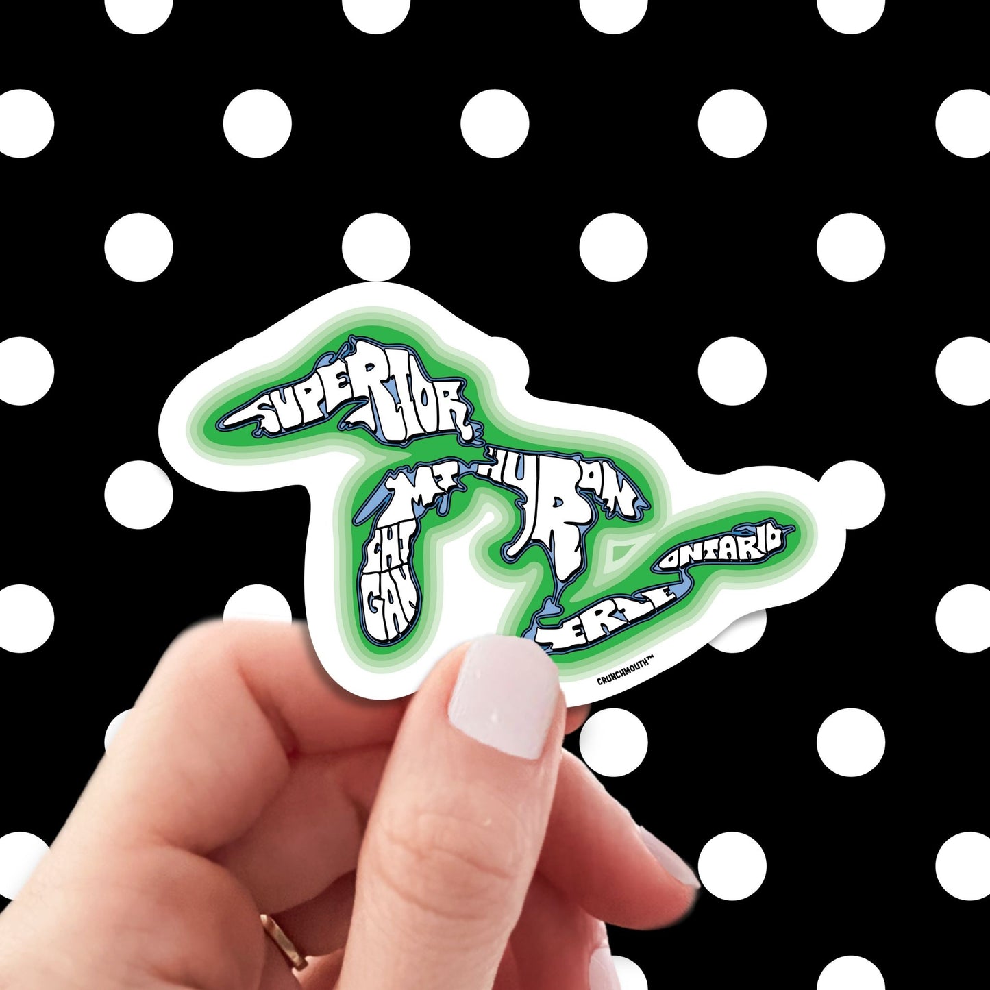 great lakes travel luggage sticker, hand display, polka dots pattern design background
