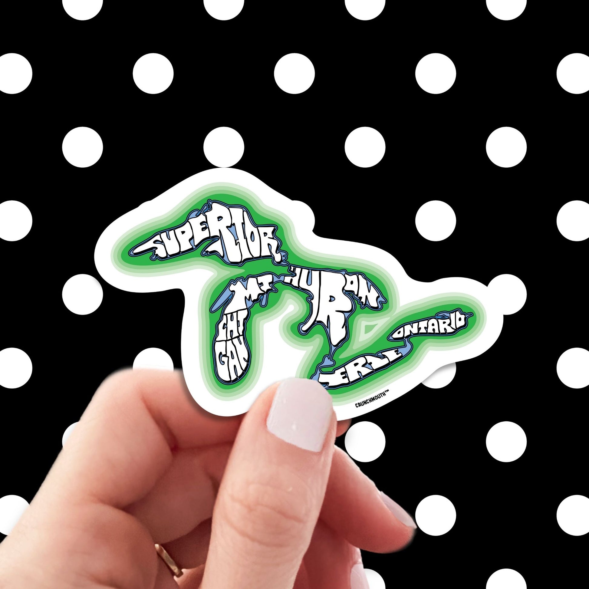 great lakes travel luggage sticker, hand display, polka dots pattern design background