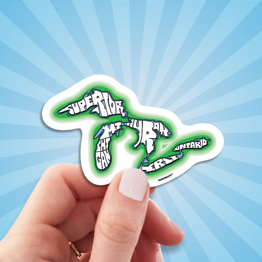 great lakes travel luggage sticker, hand display, sun rays design background