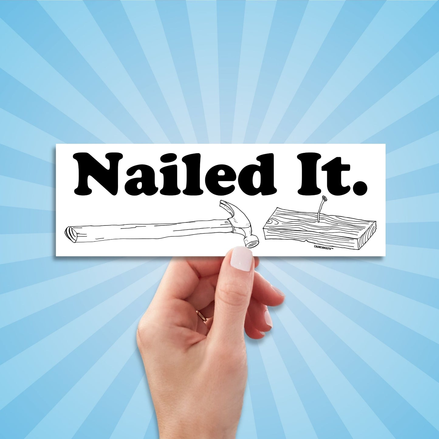 hammer and nail bumper sticker, nailed it, hand display, sun rays design background