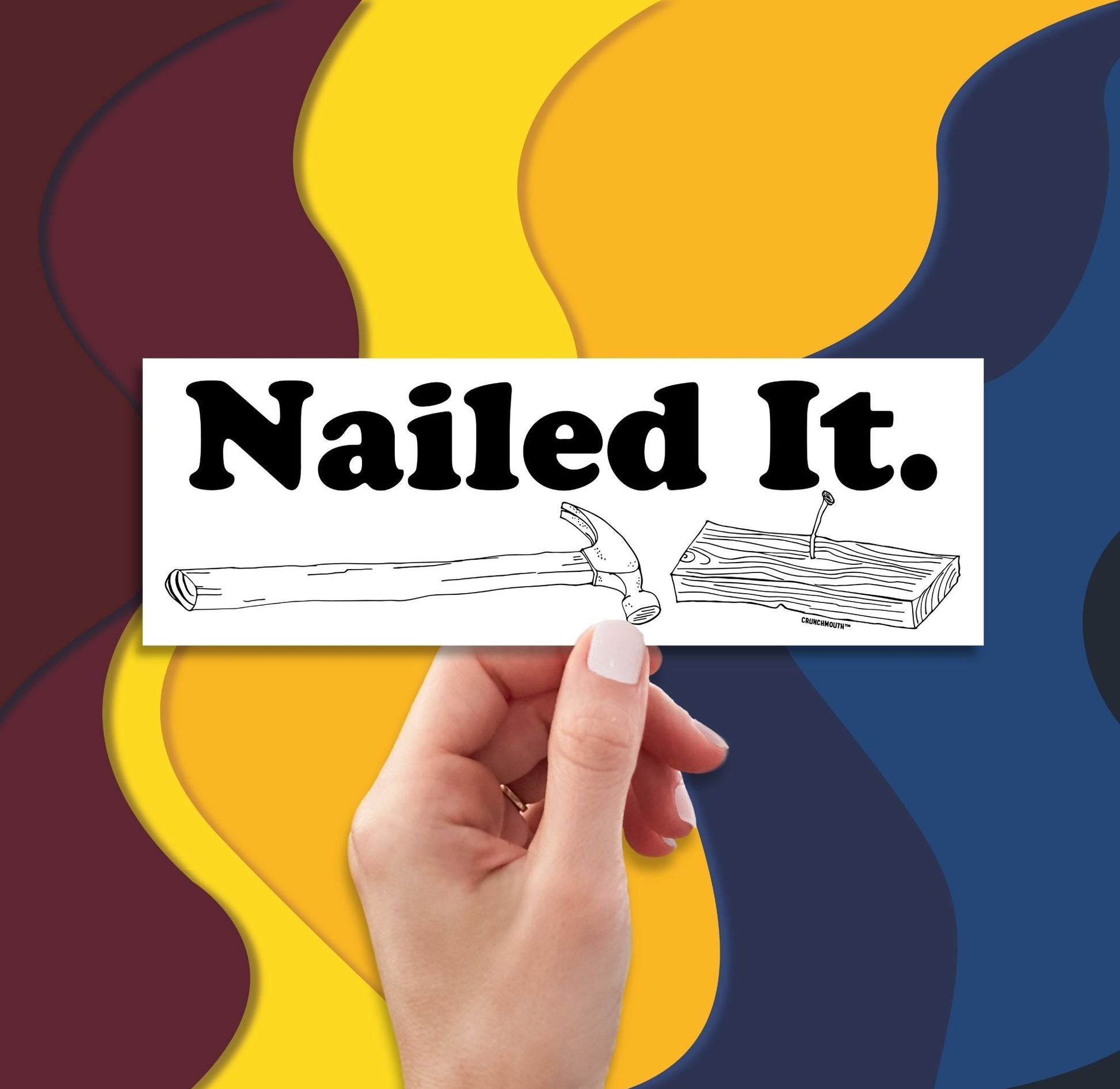 hammer and nail bumper sticker, nailed it, hand display, retro design background
