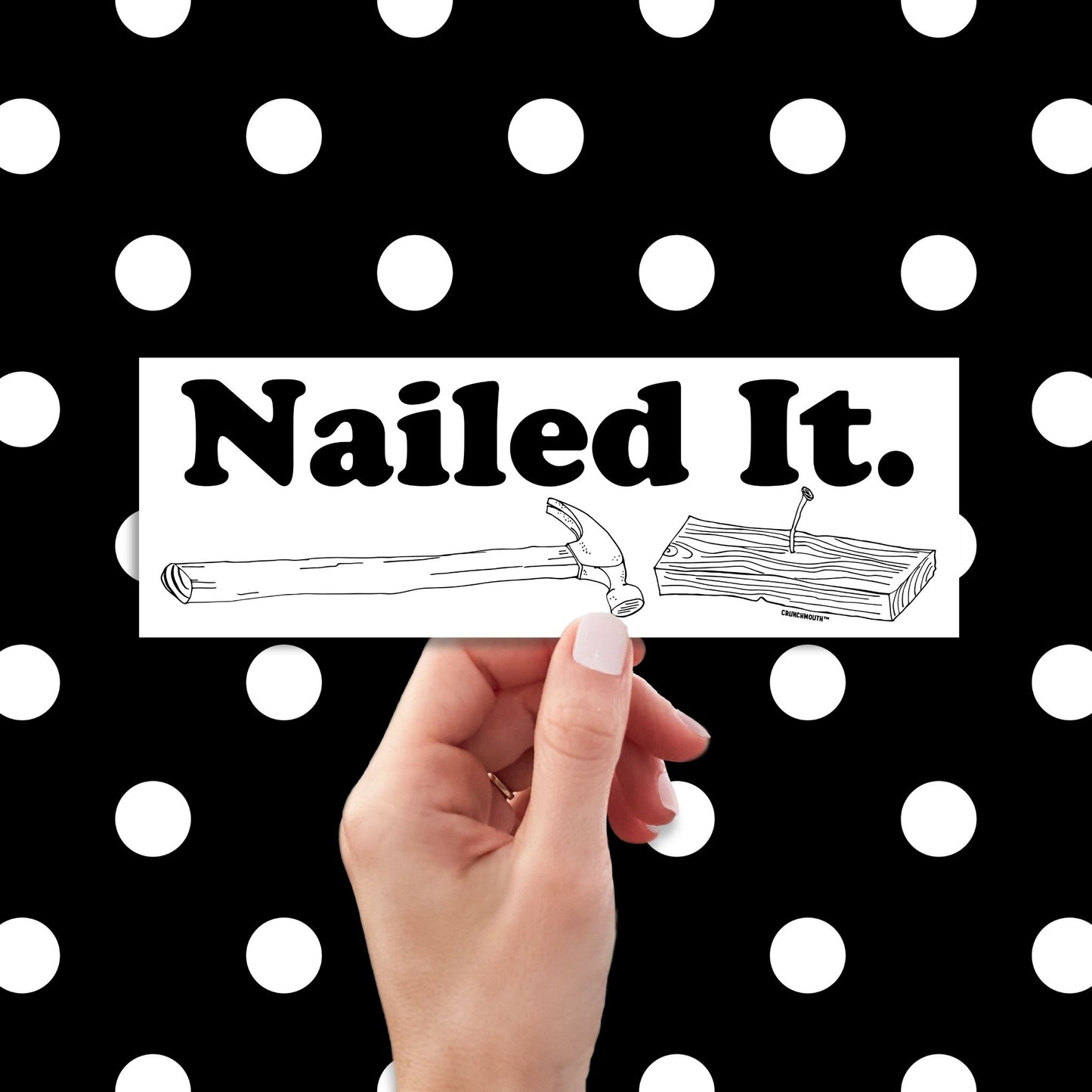 hammer and nail bumper sticker, nailed it, hand display, polka dots pattern design background
