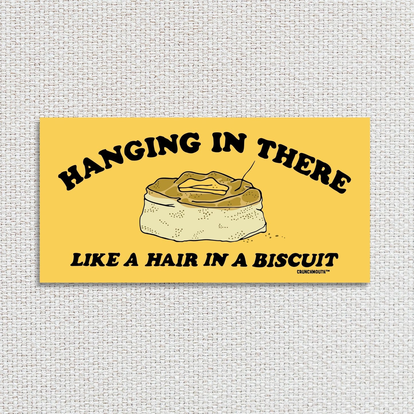 hanging in there like a hair in a biscuit, funny bumper stickers, white textured fabric background
