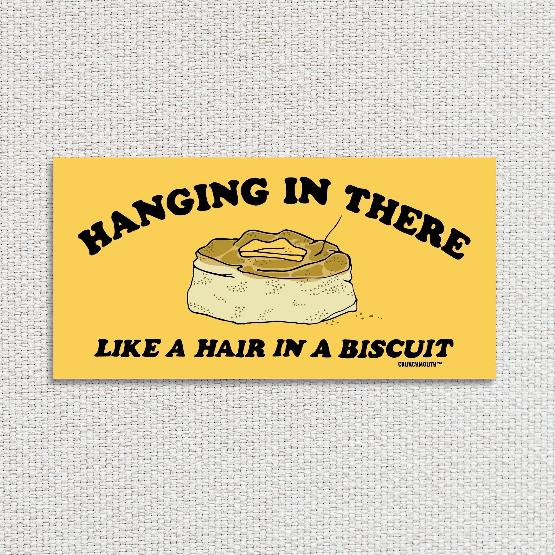 hanging in there like a hair in a biscuit, funny bumper stickers, white textured fabric background