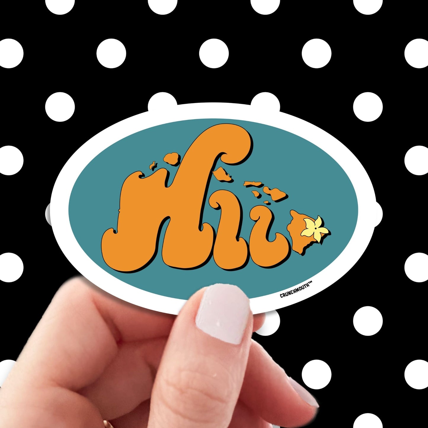 hilo hawaii travel luggage sticker, hand display, polka dots pattern design background