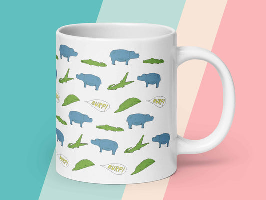 hippo mug, fun coffee mugs, 20 oz, handle on right, pastel stripe background