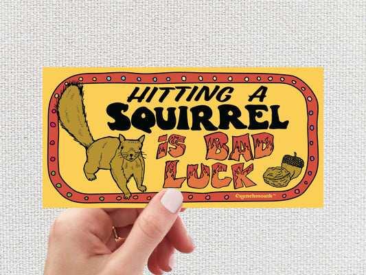 hitting a squirrel is bad luck, funny bumper stickers, hand display, white textured background