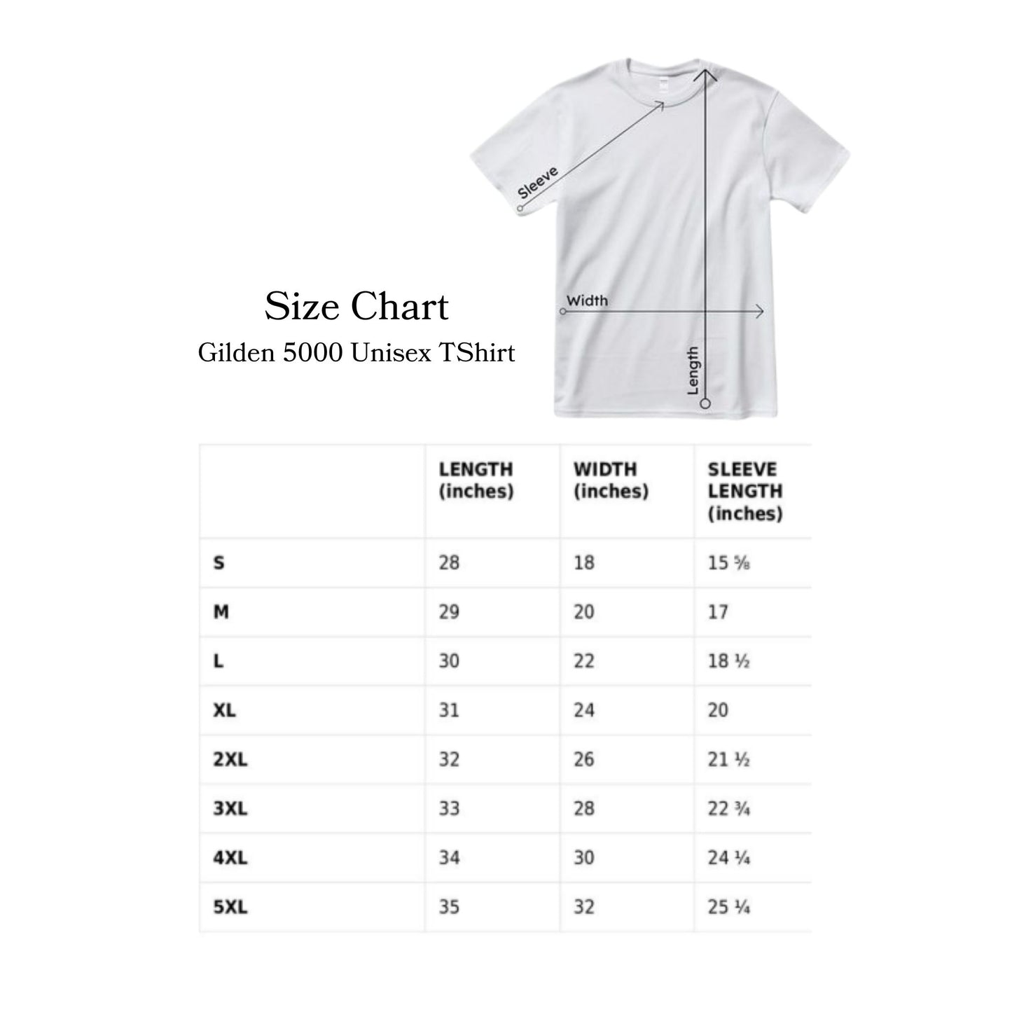Size chart for Gilden 5000 Unisex T-Shirt 
