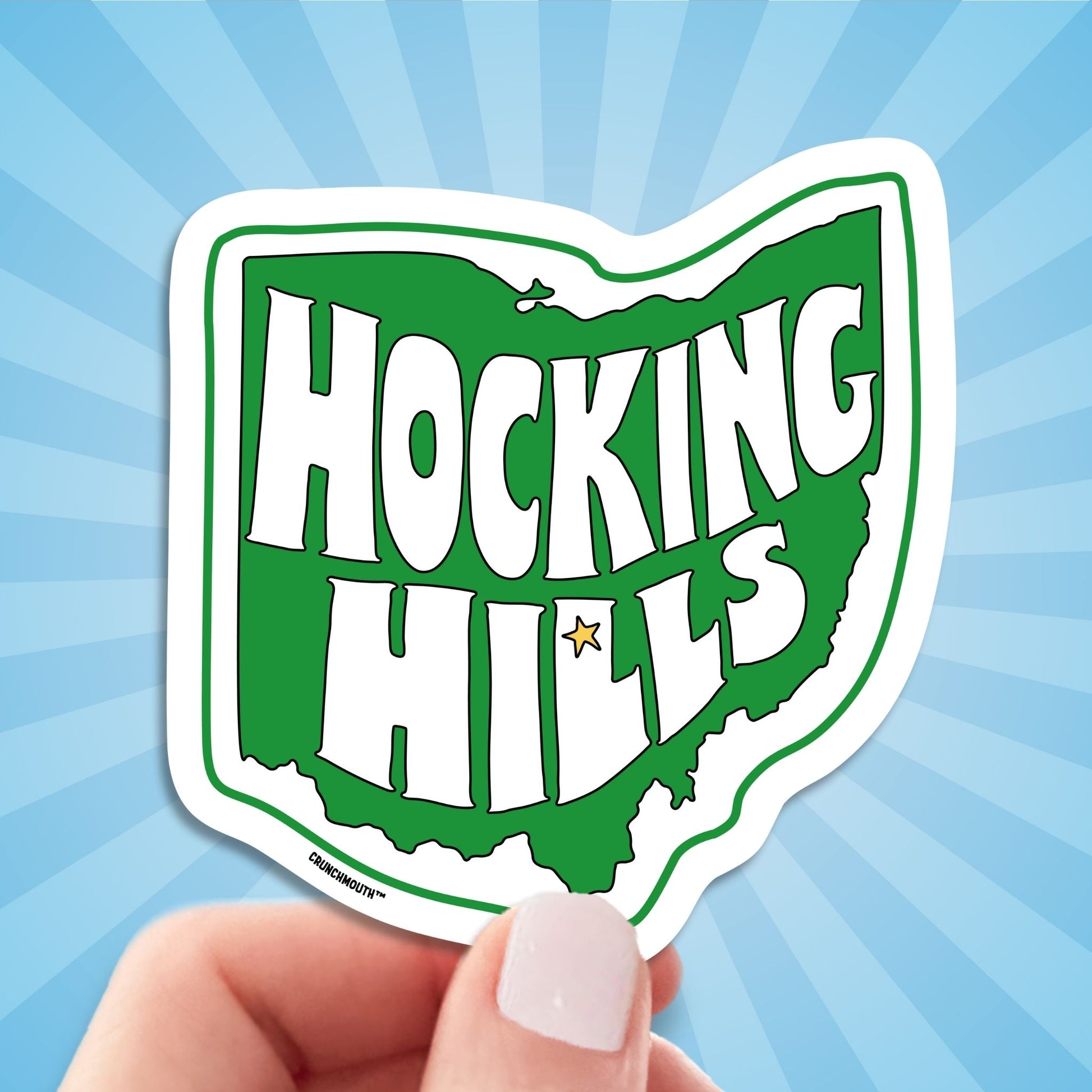 hocking hills ohio state park travel luggage sticker, hand display, sun rays design background