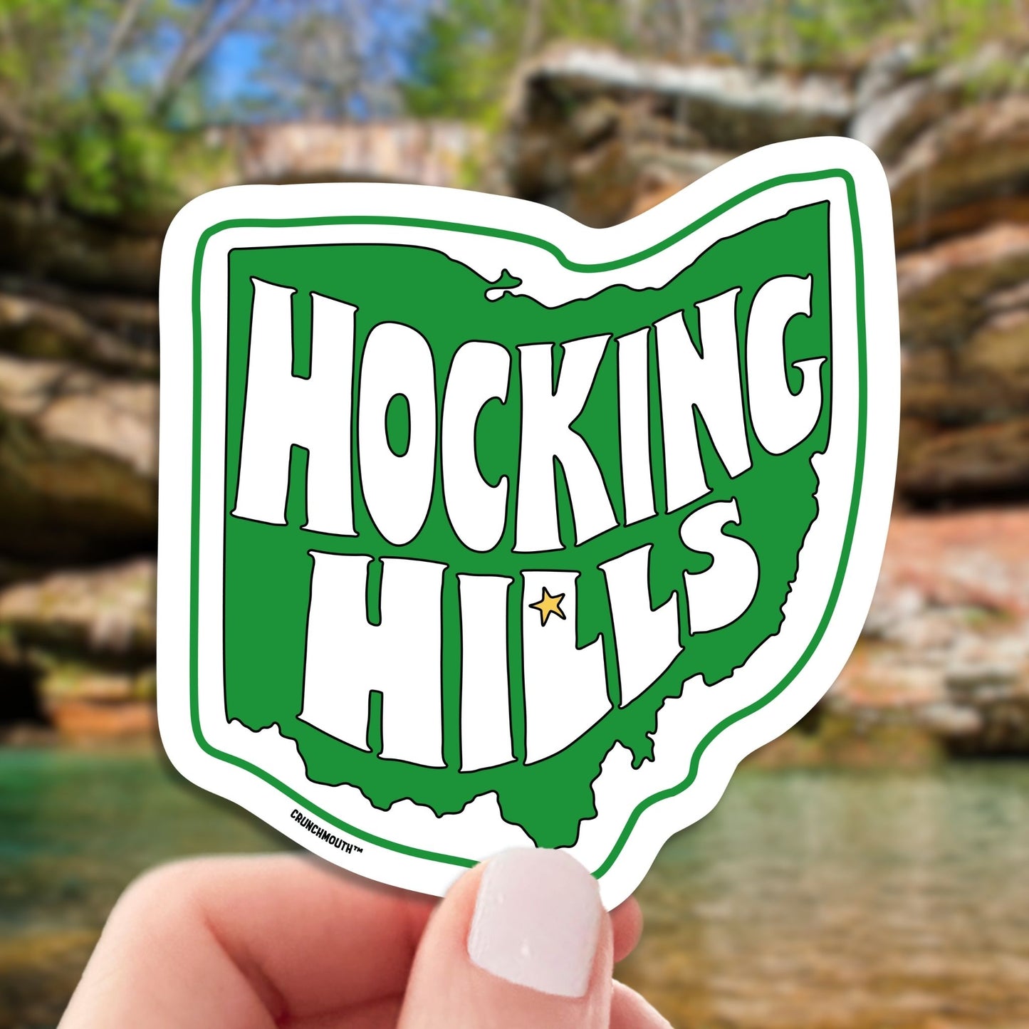 hocking hills ohio state park travel luggage sticker, hand display, waterfall background