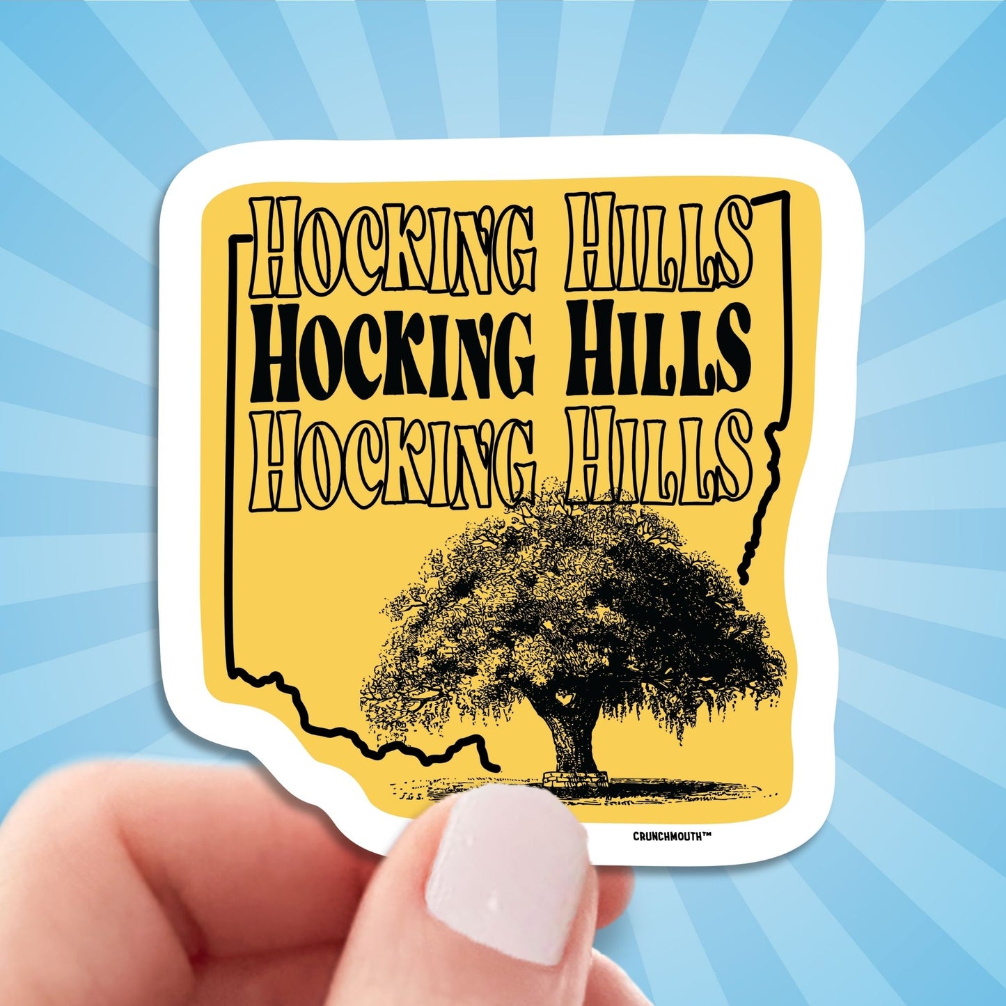 hocking hills travel luggage sticker, hand display, sun rays design background