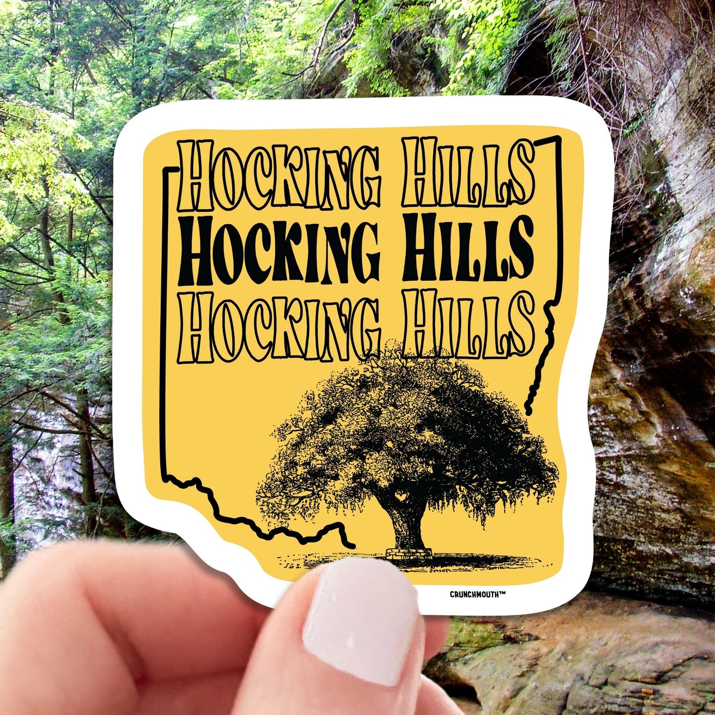 hocking hills travel luggage sticker, hand display, nature background