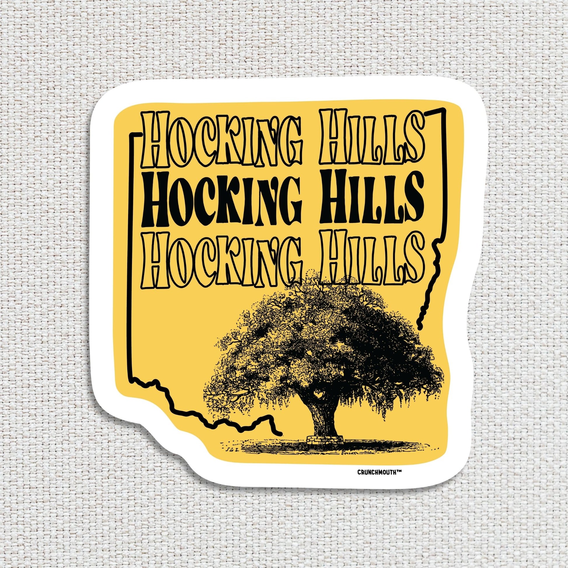 hocking hills travel luggage sticker, textured fabric background