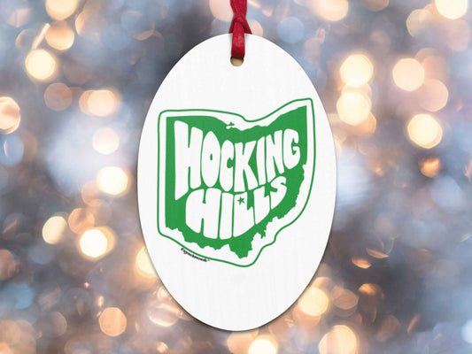 hocking hills ornament, retro Christmas ornaments, back, Christmas lights background