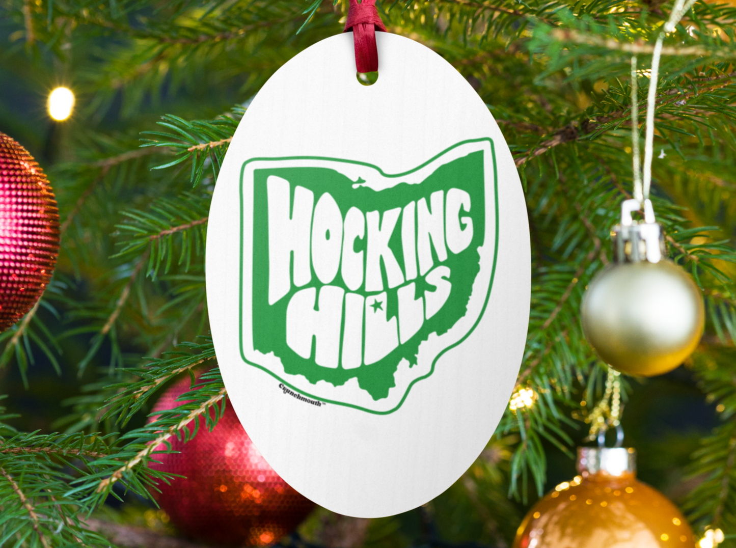 hocking hills ornament, retro Christmas ornaments, front, Christmas tree background