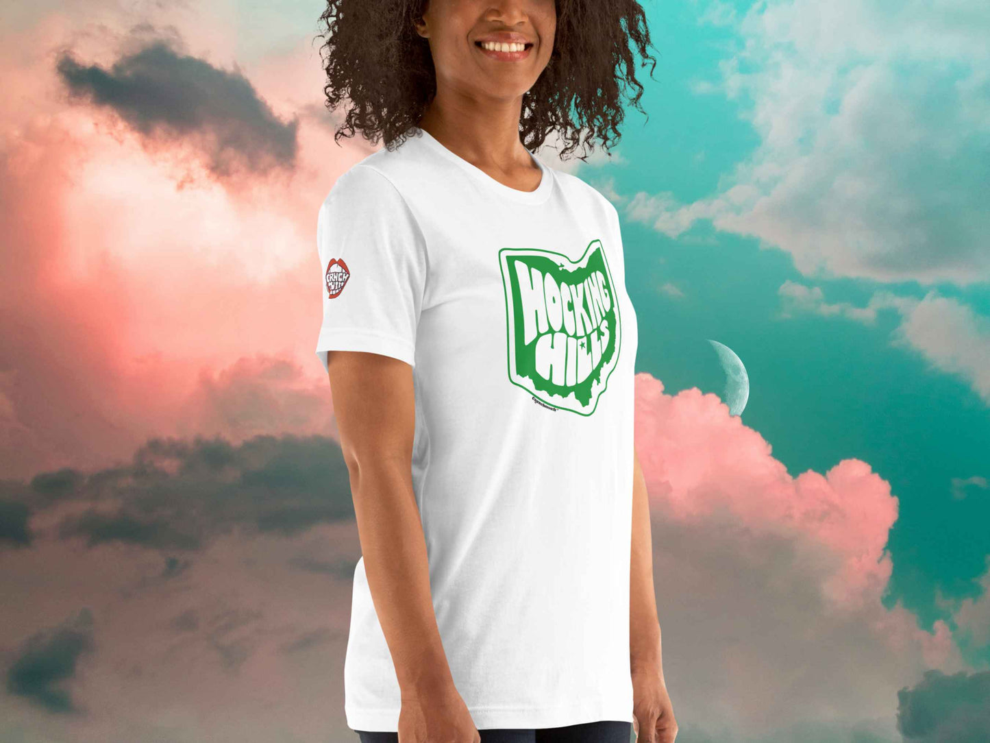 hocking hills t shirt, souvenir t shirts, front right side, female model, cloud sky background