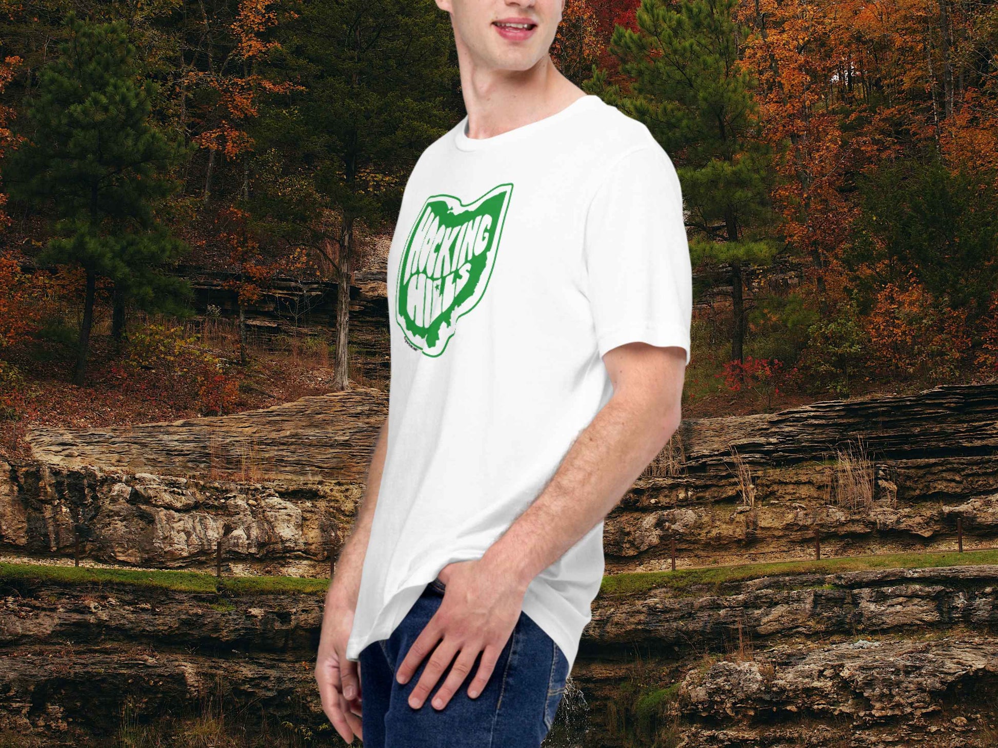 hocking hills t shirt, souvenir t shirts, front left side, male model, autumn forest background