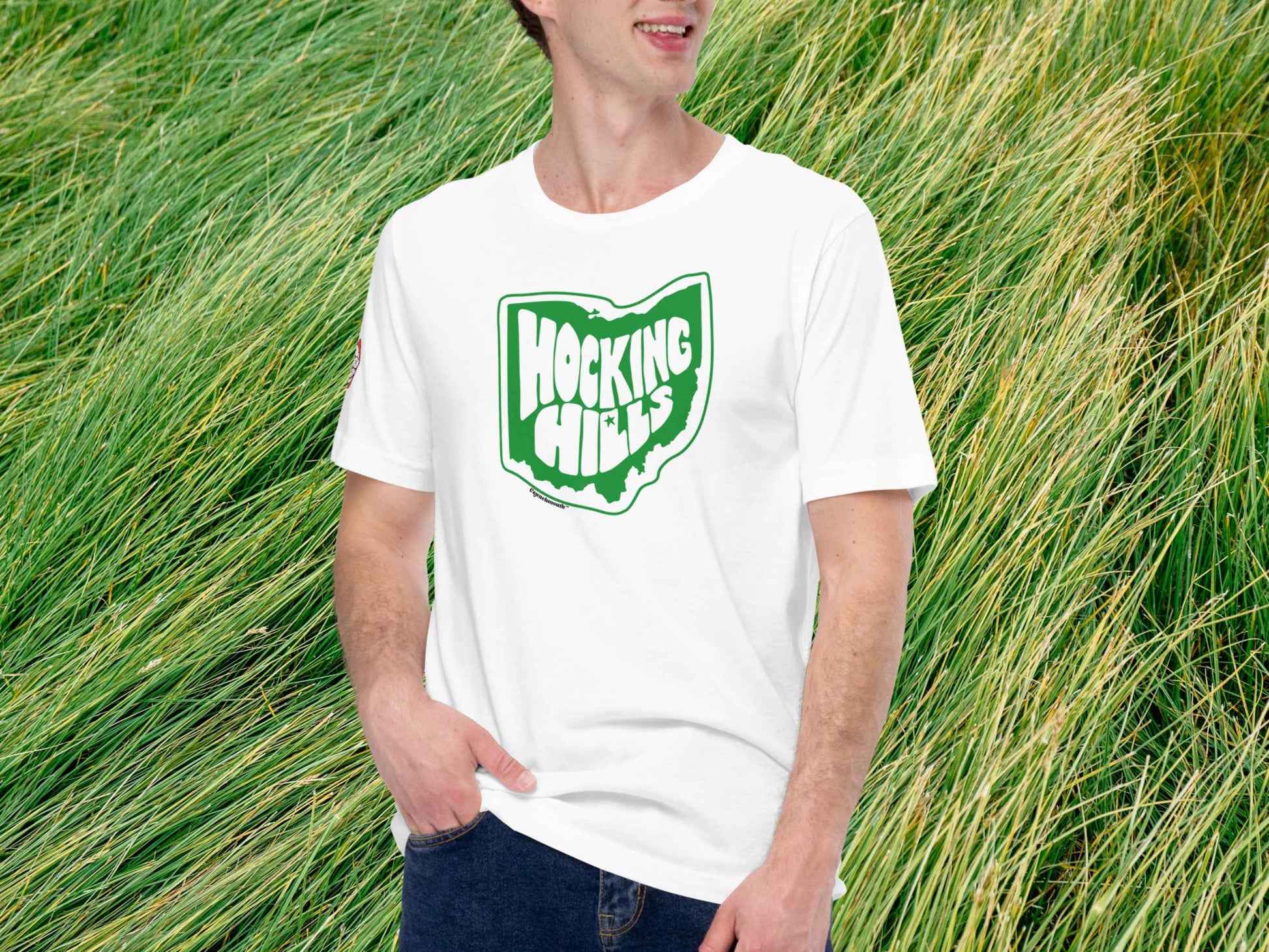 hocking hills t shirt, souvenir t shirts, front, male model, green grass background